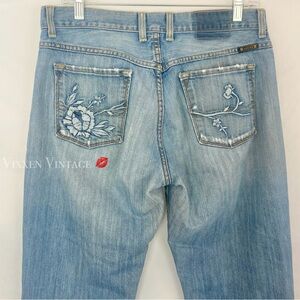 LUCKY BRAND DISTRESSED EMBROIDERED POCKET MID-RISE 'EASY RIDER' BOOTCUT JEANS